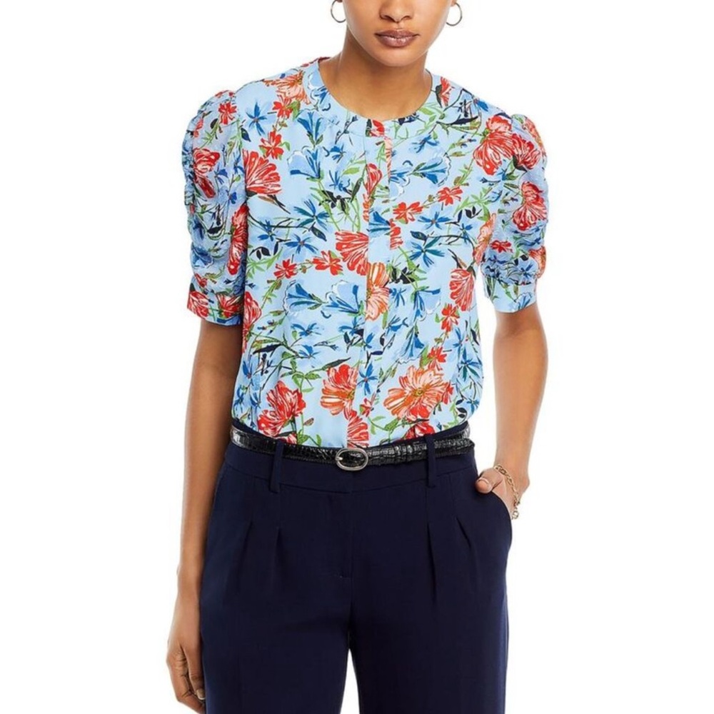 Tahari Womens Blue Sheer Mandarin Collar Office Blouse NWT